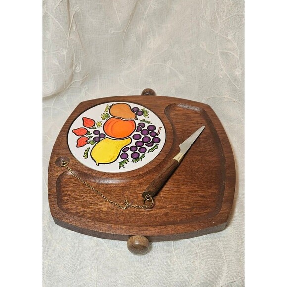 Vintage Gail Craft 70's Wood Cutting Board/Serving/Cheese Tray Attached Knife - Picture 2 of 5